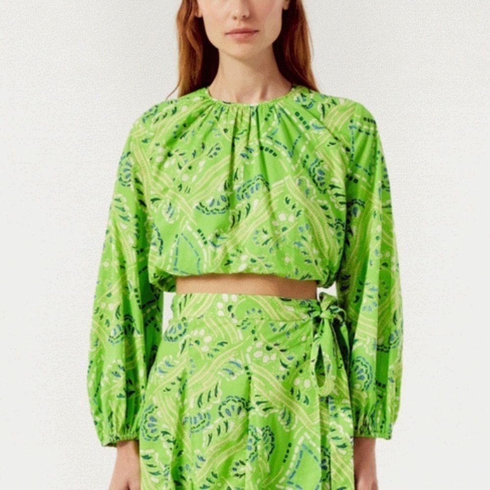Rhode- NWT Lime Green Azure Long Puff Sleeve Cropped Diamond Printed Top